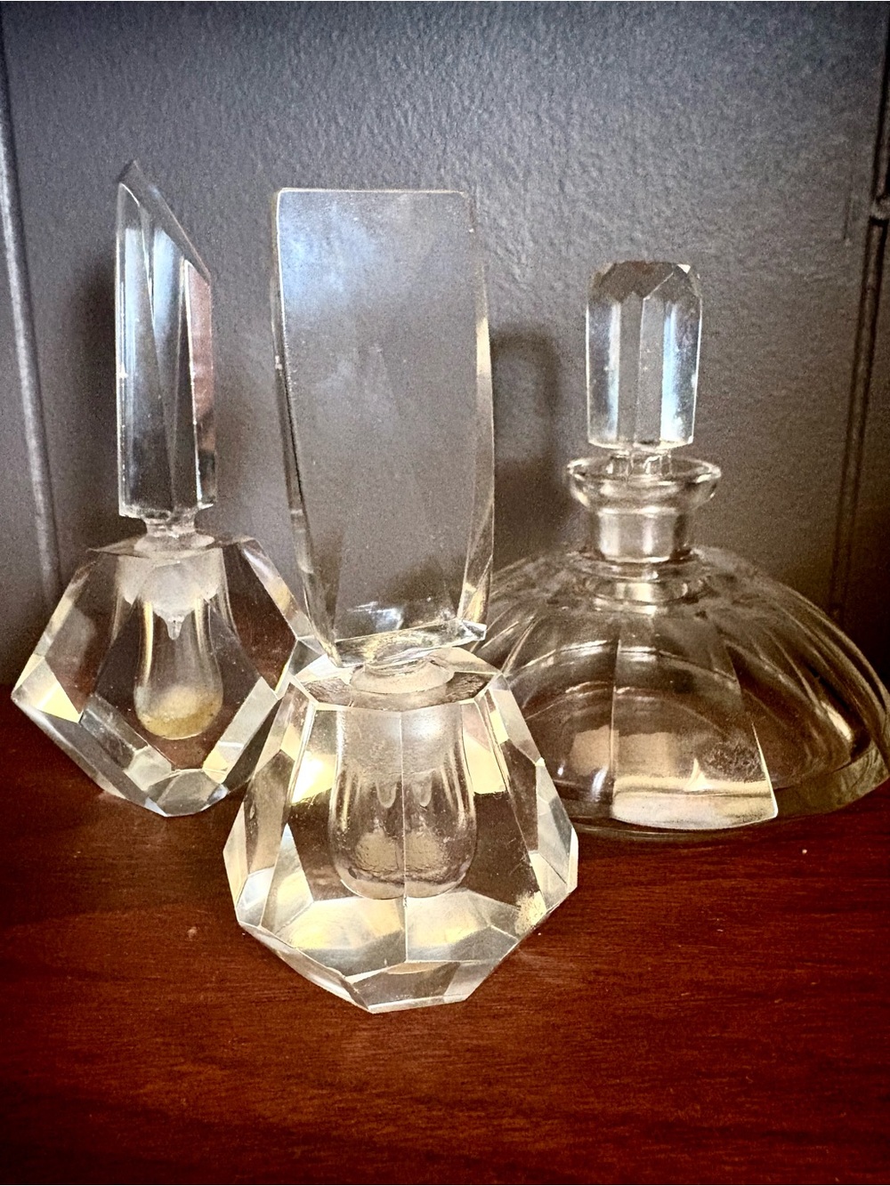 Vintage Art Deco Clear Crystal Perfume Bottles Set - Faceted Glass